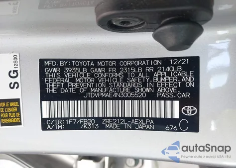 2022 Toyota Corolla Le из США, поврежденный, VIN JTDVPMAE4N3005520